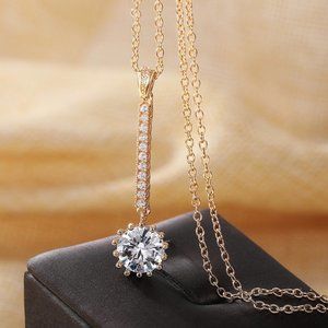 Dazzling Round Sun Flower CZ Long Pendant Necklace for Women, EVGG1112